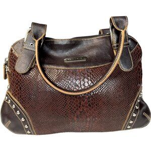 Sharif Brown Leather & Snakeskin Pattern Studded Shoulder Bag W/Double Handles